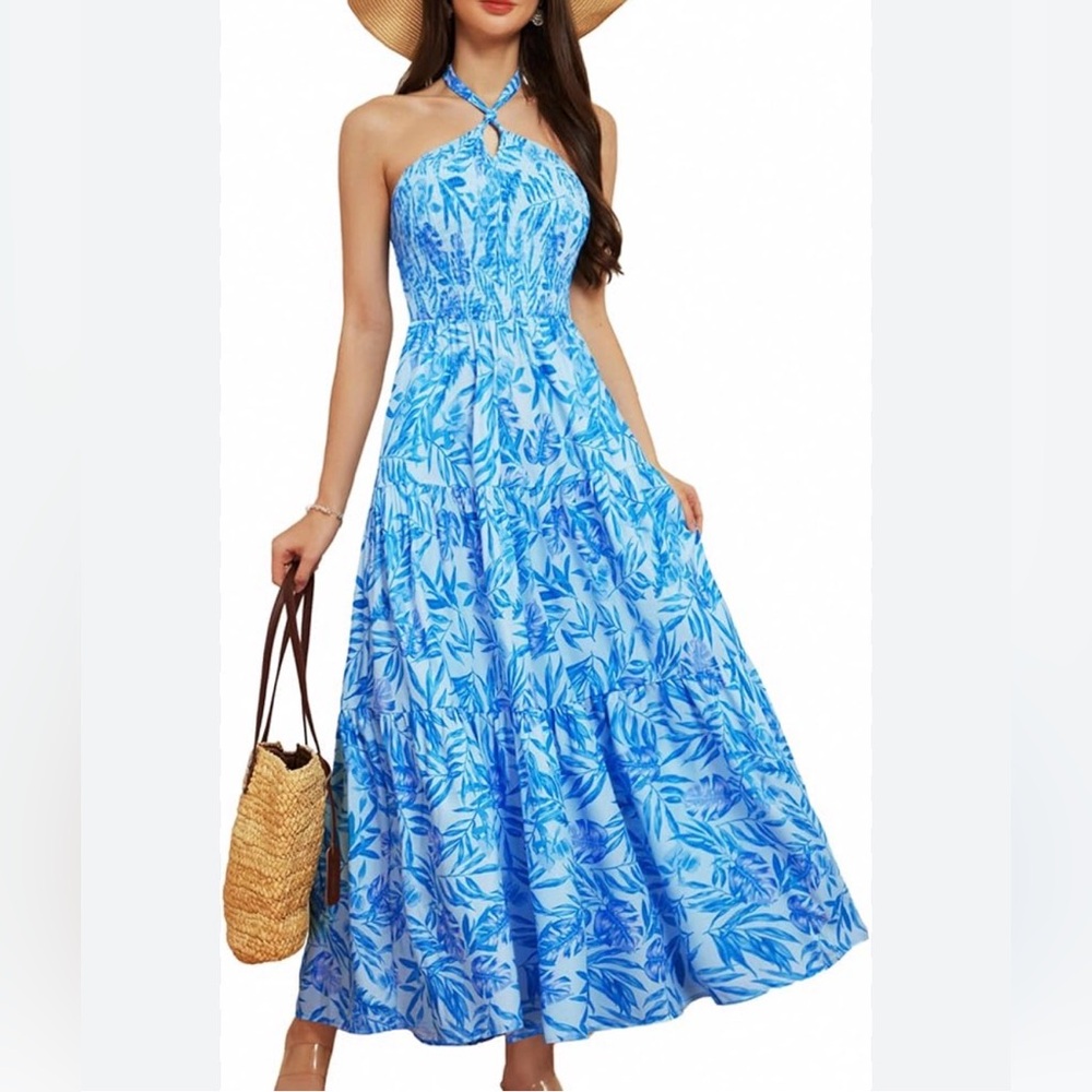Grace Karin Blue Leaf Print Halter Maxi Dress With Smocked Bodice, NWT, XL
